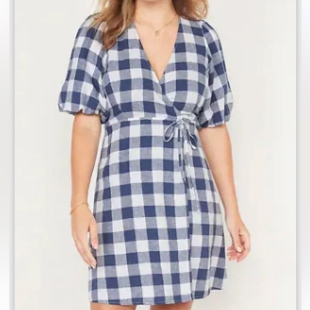 Old Navy Blue and White Gingham Wrap Mini Dress
